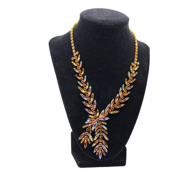 Vintage Lugano Gold Aurora Borealis Rhinestone Necklace Statement Necklace - Picture 1 of 7